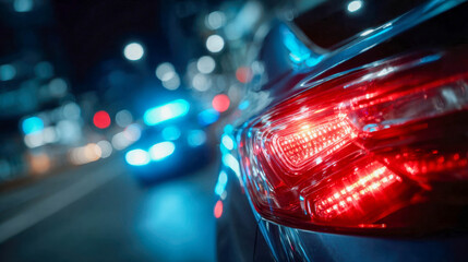 Police car at night with flashing red and blue lights in urban traffic