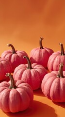 Pastel Pink Pumpkins on Orange Background - Autumnal Still Life Photography