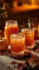 Autumnal Pumpkin Spice Cocktail Drinks on Rustic Tabletop