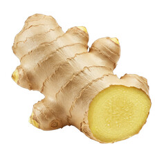 Detailed Closeup of Ginger Root with Cross Section, Showing Light Brown and Yellow Hues Against Black Background, Ideal for Culinary and Health