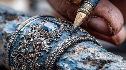 Close-up of artisan hands engraving ornate jewelry with gemstone using traditional tools