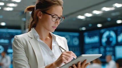 Focused Professional: A focused professional woman in glasses, deeply engrossed in data analysis on a tablet. The modern office environment underscores a dedication to precision and efficiency.
