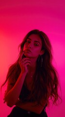 Mysterious Woman in Pink Neon Light Portrait