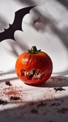 Spooky Halloween Pumpkin with Bats and Spiders - Festive Autumn Still Life