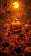 Spooky Halloween Night Jack-o'-Lantern and Spiders Under the Harvest Moon