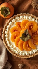 Delicious Persimmon Tart with Whipped Cream and Autumnal Decor
