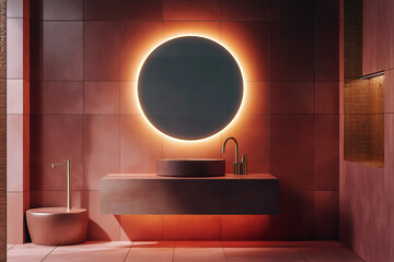 Luxury bathroom with terracotta tiles, floating vanity, round mirror with LED backlight, and golden faucet.