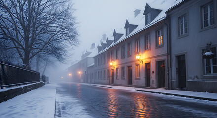 Snowy street with historic buildings in winter fog