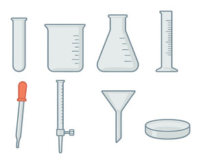 Laboratory glassware set: beaker, flask, test tube, graduated cylinder, pipette, petri dish, funnel