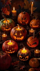 Enchanting Halloween Jack-o'-Lanterns with Candles and Autumn Leaves