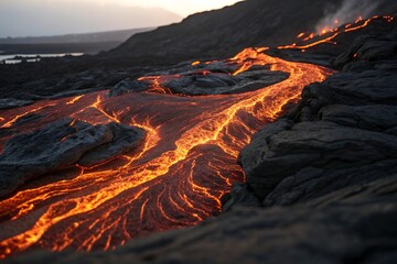 Fototapeta premium molten lava flows across rugged volcanic landscape at sunset