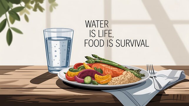 Healthy meal with salmon, vegetables, quinoa and glass of water on wooden table with motivational text water is life