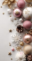 Festive Christmas ornaments in blush pink, gold, and white, scattered on a light gray background