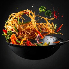 Stir-fried noodles with vegetables in motion