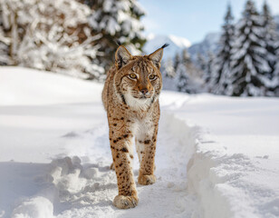 Obraz premium Majestic Lynx Strolling Through Snowy Winter Landscape