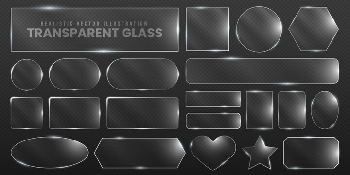 Realistic 3d transparent glass plate, mirror, plastic and geometric pattern with rainbow light ray. Crystal symbol or hologram icon of heart, star and speech bubble. Glass set with holographic texture