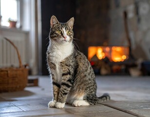 Tabby cat sits in front of fireplace