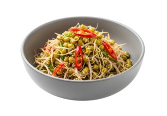 A vibrant mound of seasoned green mung bean sprouts, garnished with chili flakes and sesame seeds, sits artfully in a gray bowl.