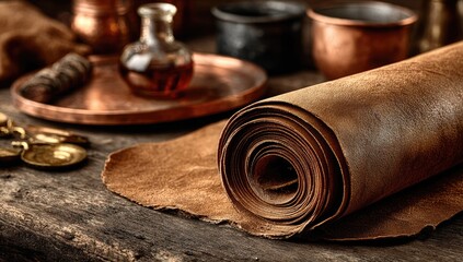 Rolled leather scroll on rustic wooden table, surrounded by copper and bronze objects