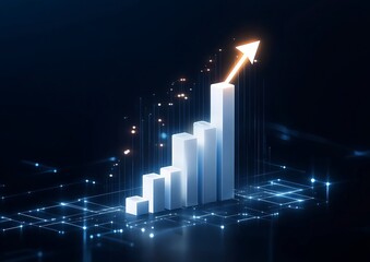Futuristic Digital Growth Bar Chart with Upward Arrow Representing Business Success and Data Analytics
