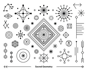 Sacred Geometry Symbol Set with Linear Outline Style. Editable Stroke Geometric Signs Isolated on White Background. Vector EPS 10 Line Art Elements for Spiritual Design.