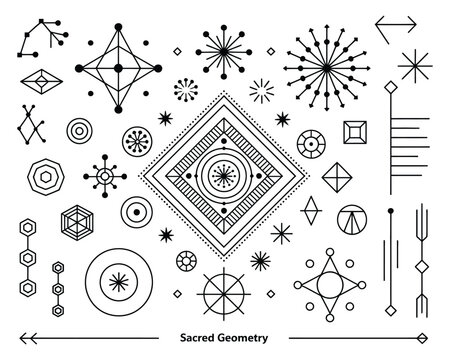Sacred Geometry Symbol Set with Linear Outline Style. Editable Stroke Geometric Signs Isolated on White Background. Vector EPS 10 Line Art Elements for Spiritual Design.