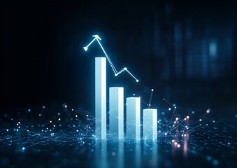 Futuristic Digital Growth Bar Chart with Upward Arrow Representing Business Success and Data Analytics