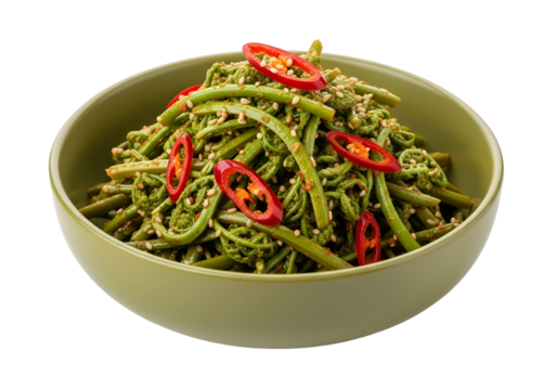 A vibrant display of seasoned fern fronds, garnished with red chili peppers and sesame seeds, presented in a light olive-green bowl.