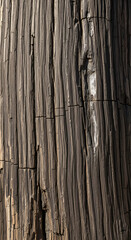 Closeup of weathered and cracked tree trunk, showcasing the intricate texture and patterns formed by age and exposure to the elements, revealing the natural beauty of wood grain and decay
