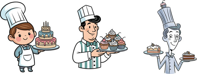 Cartoon chefs holding cakes and cupcakes in kitchen, bakery dessert illustration for culinary, cooking, pastry, sweet food vector design