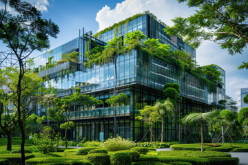 Modern building with glass windows reflecting green trees, showcasing urban architecture blended with nature.