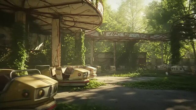 Abandoned amusement park with overgrown bumper cars