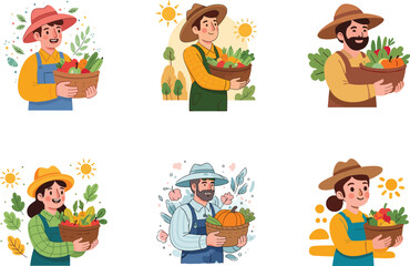 Cartoon farmers holding baskets of fresh vegetables in harvest season, agriculture and organic food illustration for farming, gardening, healthy lifestyle design