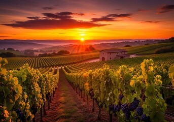 Golden hour over the vineyard, countryside vineyards at magical sunset