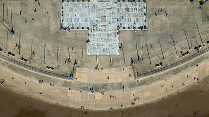 Aerial View of Promenade and T-Shaped Artwork  in Blackpool, UK.