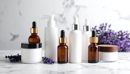 Skincare products displayed on marble