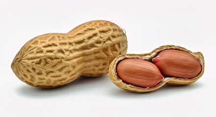 close-up of a single whole peanut and a half peanut seed placed side by side on a pure white background.