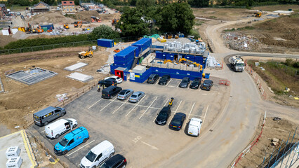 Construction Site with Modular Buildings and Parking  at Miller Homes in Catterick, UK. Area
