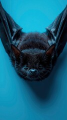Up Close Portrait of a Black Bat Hanging Upside Down Against a Blue Background