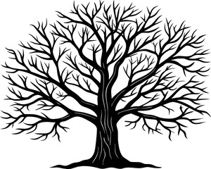 Obraz premium Autumn Tree Bare Branches Silhouette, Seasonal Thanksgiving Linocut SVG