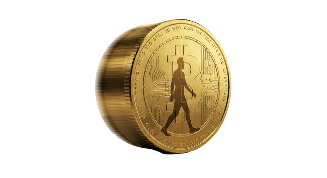 Golden Coin Featuring Walking Person Silhouette 3D Render on Transparent Background Ideal for Cryptocurrency Branding and Finance Seamless Pattern
