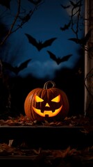 Spooky Halloween Jack-o'-lantern with Bats and Autumn Leaves