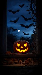 Spooky Halloween Jack-o'-lantern in Window with Bats and Moonlit Night