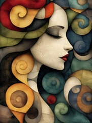 Abstract female profile with spiral hair, Art Nouveau mosaic texture