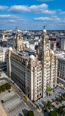 Royal Liver Building with Cityscape and Sky  in Liverpool, UK.