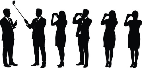 Silhouettes of Business Men and Women Taking Photos and Selfies with Smartphones in Various Professional Standing Poses on White Background