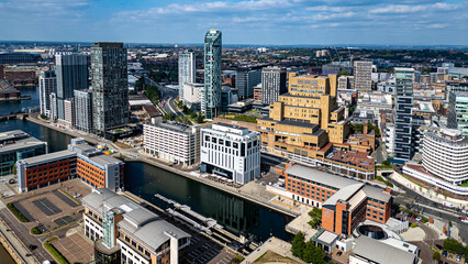 Aerial View of a City with Buildings and River  in Liverpool, UK.