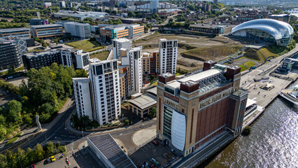 Aerial View of City Buildings and Waterfront Structures  in Newcastle upon Tyne, UK.