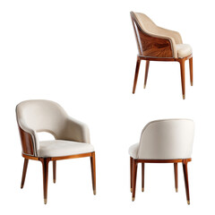 Four views of a light beige upholstered armchair with a wood frame.  The chair has curved armrests and back, and a simple, slightly tapered wood base