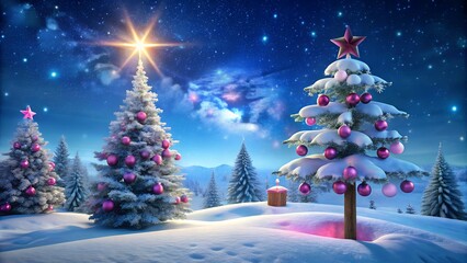 A whimsical winter landscape with snowcovered christmas trees and a starry night sky creating a magical scene